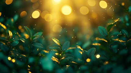 Mystical Forest Leaves, Golden Light, Nature Background