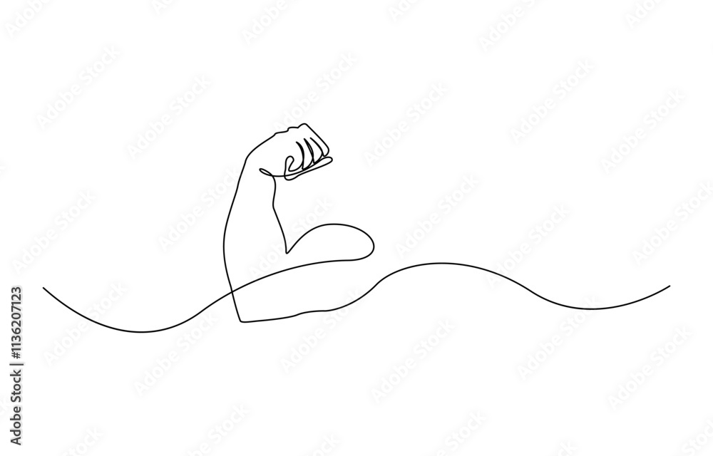 Aufkleber Arm shows bicep fist. Continuous one line vector, Man's hand shows a fist on the biceps in line style. Continuous one line vector drawing ,  shows bicep continuous one line vector drawing.