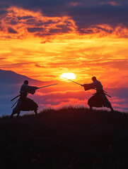 Samurai duel at sunset. Concept of tradition, skill, and conflict.