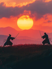 Samurai duel at sunset. Concept of tradition, honor, and battle.