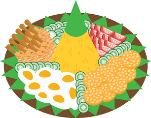 Illustration of Tumpeng Rice With Side Dishes, Nasi Tumpeng, Indonesia Traditional Foods, Ceremony Traditional Food