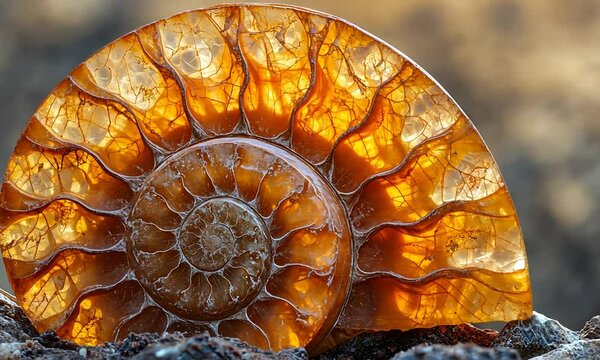 A polished ammonite fossil with vibrant orange hues.