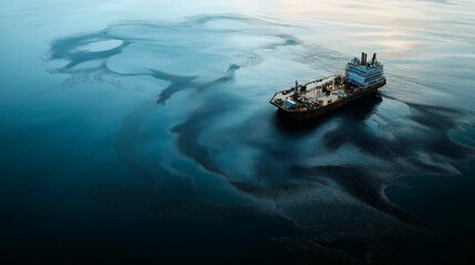 Naklejka premium Isolated oil platform amid oil spill in calm ocean — eco-awareness campaigns