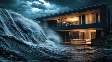 Modern House Overwhelmed By A Powerful Ocean Wave