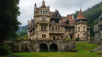 Obraz premium Majestic Stone Castle Nestled Amidst Lush Greenery