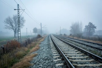Fototapeta premium Foggy Railway Track in Countryside