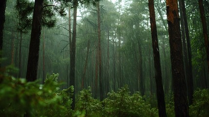 Fototapeta premium A forest path is shown in the rain. The trees are tall and green, and the path is muddy. Scene is peaceful and serene, as the rain creates a calming atmosphere 