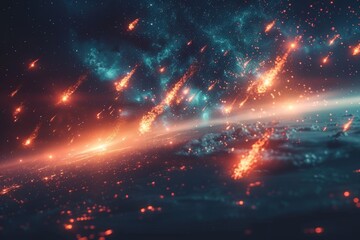 Fototapeta premium Cosmic Storm Dramatic Collision Of Meteorites, Celestial Fire In Deep Space Astronomy Background
