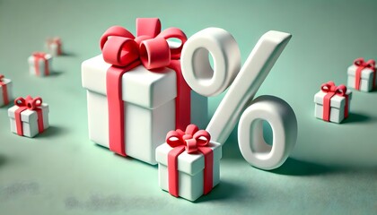 A White Gift Boxes with Red Ribbon and Huge Percent Symbol 