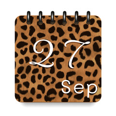 September. Leopard print calendar daily icon. White letters. Date day week Sunday, Monday, Tuesday, Wednesday, Thursday, Friday, Saturday.