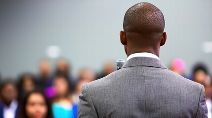 Male Public Speaker Engaging Audience During Conference Presentation