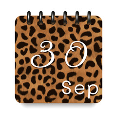 September. Leopard print calendar daily icon. White letters. Date day week Sunday, Monday, Tuesday, Wednesday, Thursday, Friday, Saturday.