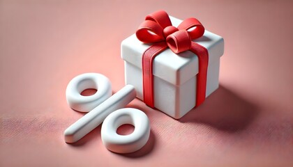 A White Gift Boxes with Red Ribbon and Huge Percent Symbol 