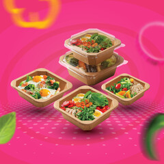Various foods are placed in kraft paper boxes.
placed in a pink background and contains various vegetable ingredients
There are both red and green vegetables, very delicious to eat.