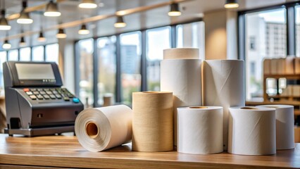 Portrait of Thermal Paper Rolls and Point of Sale Machine Setup for Retail Environments, Showcasing Essential Supplies for Efficient Transaction Management in Shops