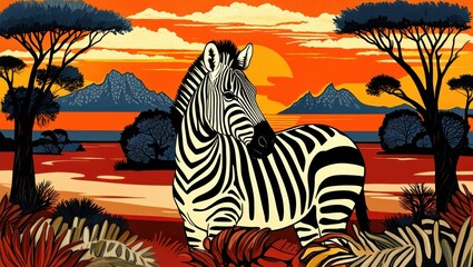 Naklejka premium African savanna, zebra, acacia tree, dramatic sunset, vibrant colors, orange sky, stylized clouds, silhouette landscape, graphic art style, bold contrasts, wildlife illustration, safari scene, colorfu