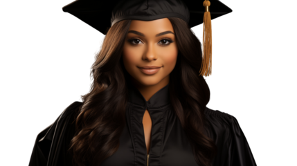 Radiant African American female college graduate celebrating her achievement in formal attire, isolated on transparent background.