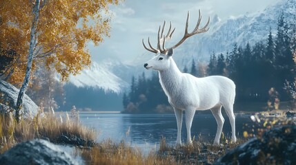 Obraz premium A majestic white deer with perfect antlers, with beautiful lake and mountain views