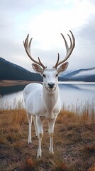 Obraz premium A majestic white deer with perfect antlers, with beautiful lake and mountain views