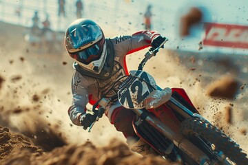 Intense close up of off road motorcycle racing through dusty terrain with flying particles
