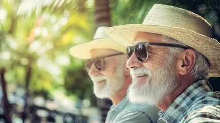 Two Elderly Men Smiling Outdoors in Sunny Tropical Environment