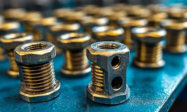 Close-up of metallic bolts and nuts arranged on a surface.