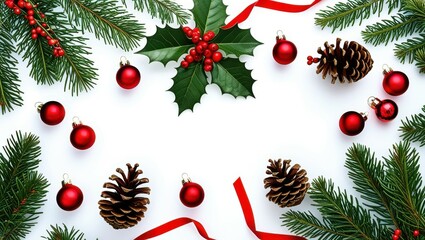 Christmas decoration, pine branches, red ornaments, pine cones, white background, diamond shape, festive border, holiday arrangement, green and red, natural elements, seasonal display, symmetrical des