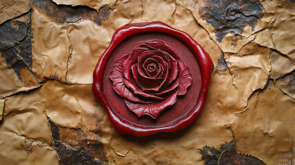 A red rose wax seal is placed on crinkled parchment, showcasing intricate design and texture