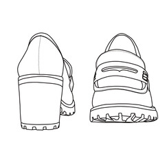 Women's Chunky Mid Heel Lug Sole Penny Loafer Shoes Line art, Technical sketch hand drawing outline vector doodle front and rear view isolated on white background for coloring page