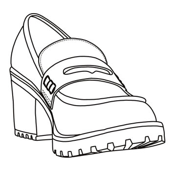 recommend clip art: Women's Chunky Mid Heel Lug Sole Penny Loafer Shoes Line art, Technical sketch hand drawing outline vector doodle front 3D view isolated on white background for coloring page