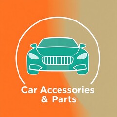 Fototapeta premium Car Accessories & Parts: Modern & Minimalist Design: A clean and modern design featuring a teal car icon encased in a white circle, set against a vibrant orange and brown gradient background.