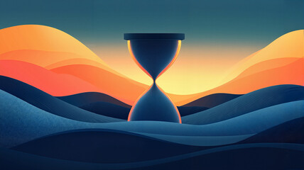 An hourglass stands prominently as the sun sets behind colorful hills, creating a serene atmosphere