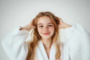 Fototapeta premium Young pretty blonde woman over isolated white background in a bathrobe