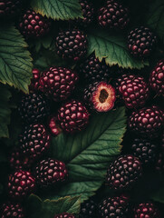 Fresh Blackberries and Leaves.  A vibrant display of summer berries.