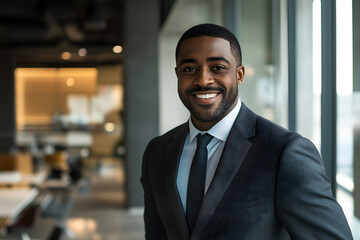 Fototapeta premium Professional African American businessman in modern office smiling confidently