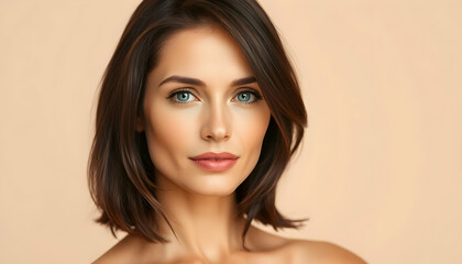 A natural portrait of a woman in her late thirties, with medium brown hair, blue eyes, and no makeup, standing against a soft beige background, perfect for beauty and skincare ads.
