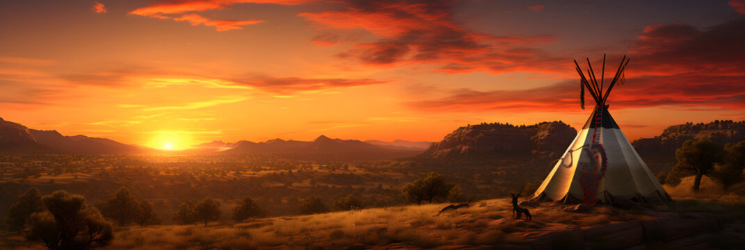 Sunset Silhouette: American Indian in Traditional Attire against a Landscape of Plains and Tepees