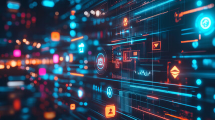 Fototapeta premium A realistic, detailed image depicting NFTs, with digital art and collectible icons displayed in a virtual gallery setting. Show blockchain validation symbols and uniqueness indicators.