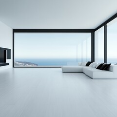 Modern minimalist living room with ocean view and sleek white sofa
