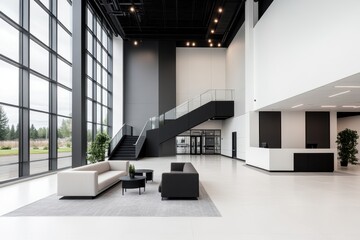 Modern office lobby with minimalist design and large windows for natural light