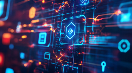 Fototapeta premium A realistic, detailed image depicting NFTs, with digital art and collectible icons displayed in a virtual gallery setting. Show blockchain validation symbols and uniqueness indicators.