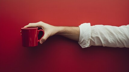 A minimalist image of an arm in a white shirt holding a red coffee cup against a solid red background, emphasizing simplicity and color contrast