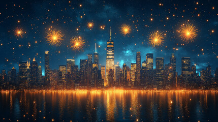 New York City Skyline at Night with Fireworks, Celebration and Cityscape
