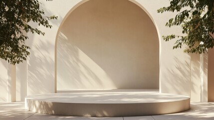Fototapeta premium modern white podium with arched background, artistic and minimalistic, focus on clean lines and shadows