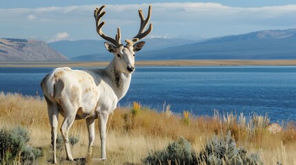 Fototapeta premium A majestic white deer with perfect antlers, with beautiful lake and mountain views
