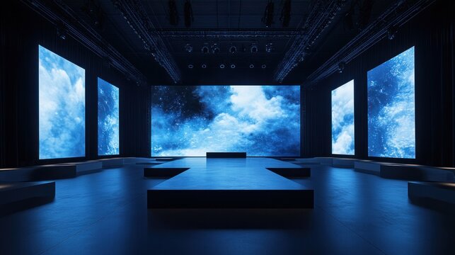 A large stage with a minimalist design, surrounded by giant LED screens for a futuristic presentation.