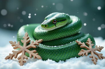Fototapeta premium The snake mischievously weaves through snowflakes, each one featuring a wooden texture.