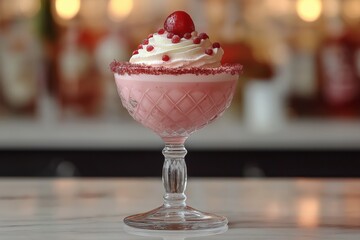 Delicious pink dessert served in elegant glass with whipped cream and berries