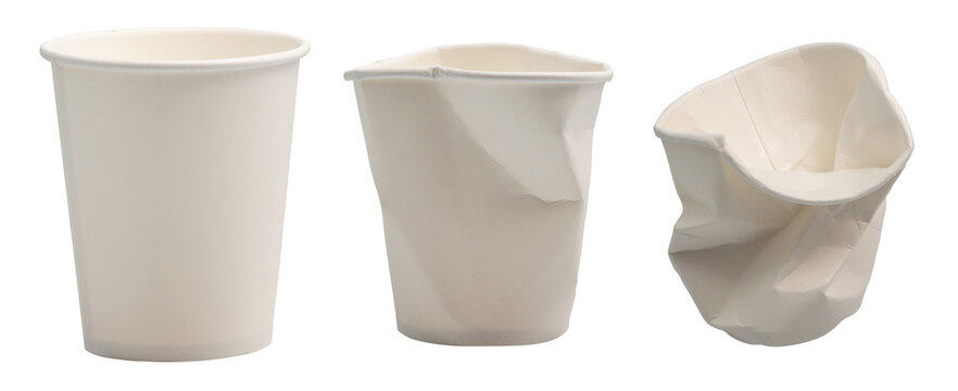 collection of crushed white disposable paper cup isolated clipping path on white background. food container Trash recycle concept.	