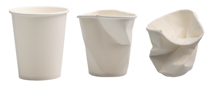 collection of crushed white disposable paper cup isolated clipping path on white background. food container Trash recycle concept.	